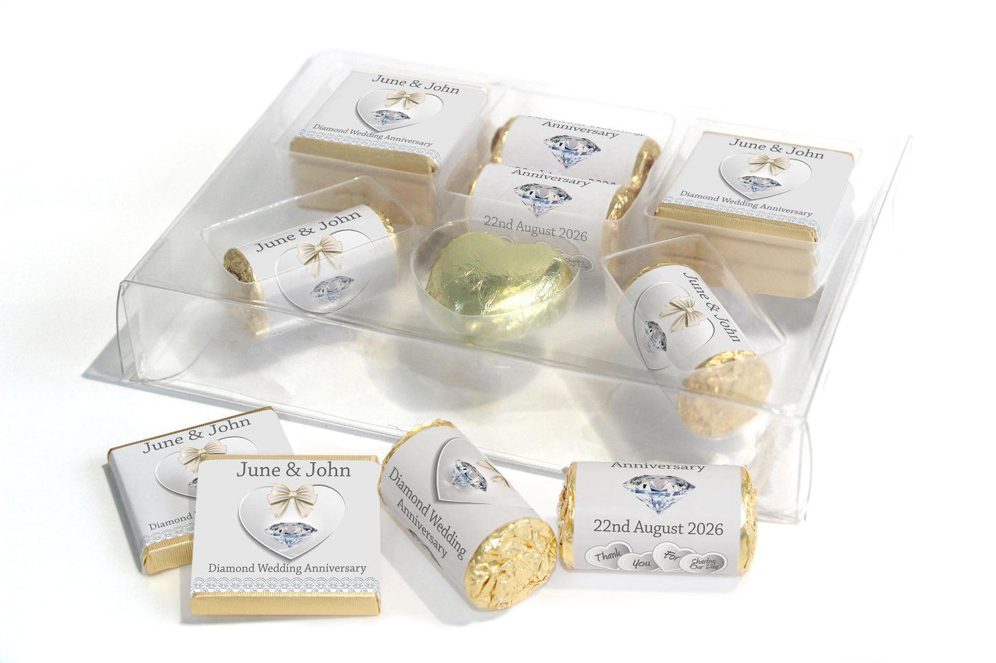 Diamond Wedding Anniversary Large Combo Box - Personalised Favours - Neapolitan Chocolates/Heart/Love Heart Sweets - V4