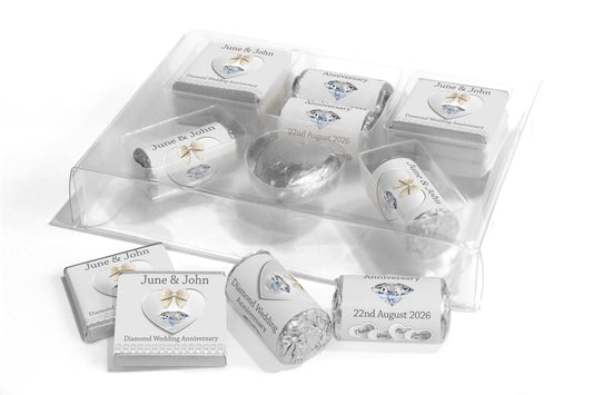 Diamond Wedding Anniversary Large Combo Box - Personalised Favours - Neapolitan Chocolates/Heart/Love Heart Sweets - V4