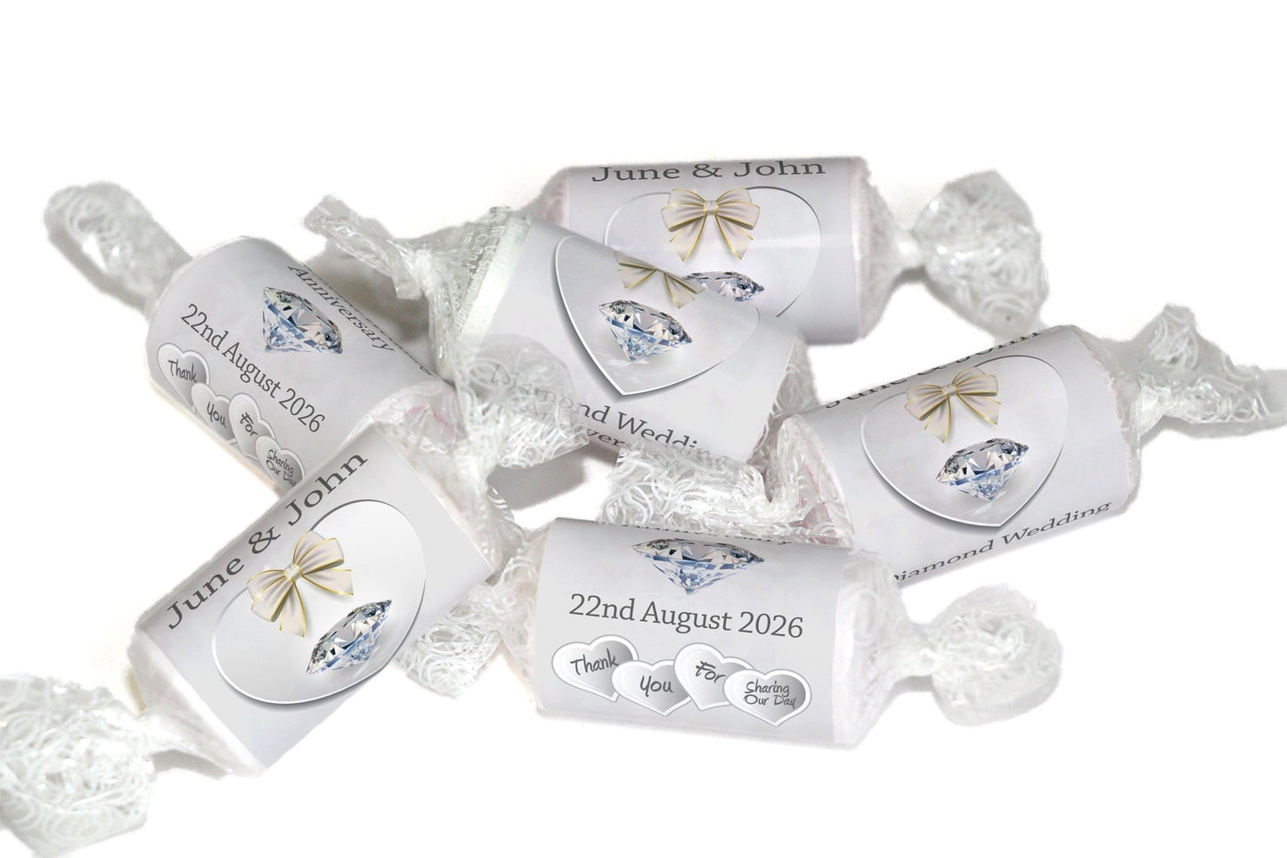 Diamond Wedding Anniversary Sweets - Personalised Favours - Love Heart Sweets, Clear ends - V1 - Personalise4uLtd