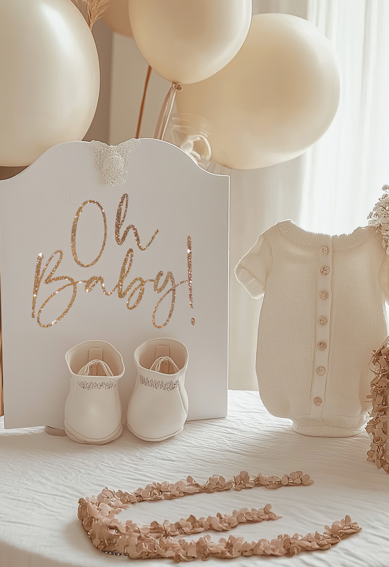 Chic neutral baby shower setup featuring decorative balloons, tiny shoes, a knitted romper, and an 'Oh Baby!'