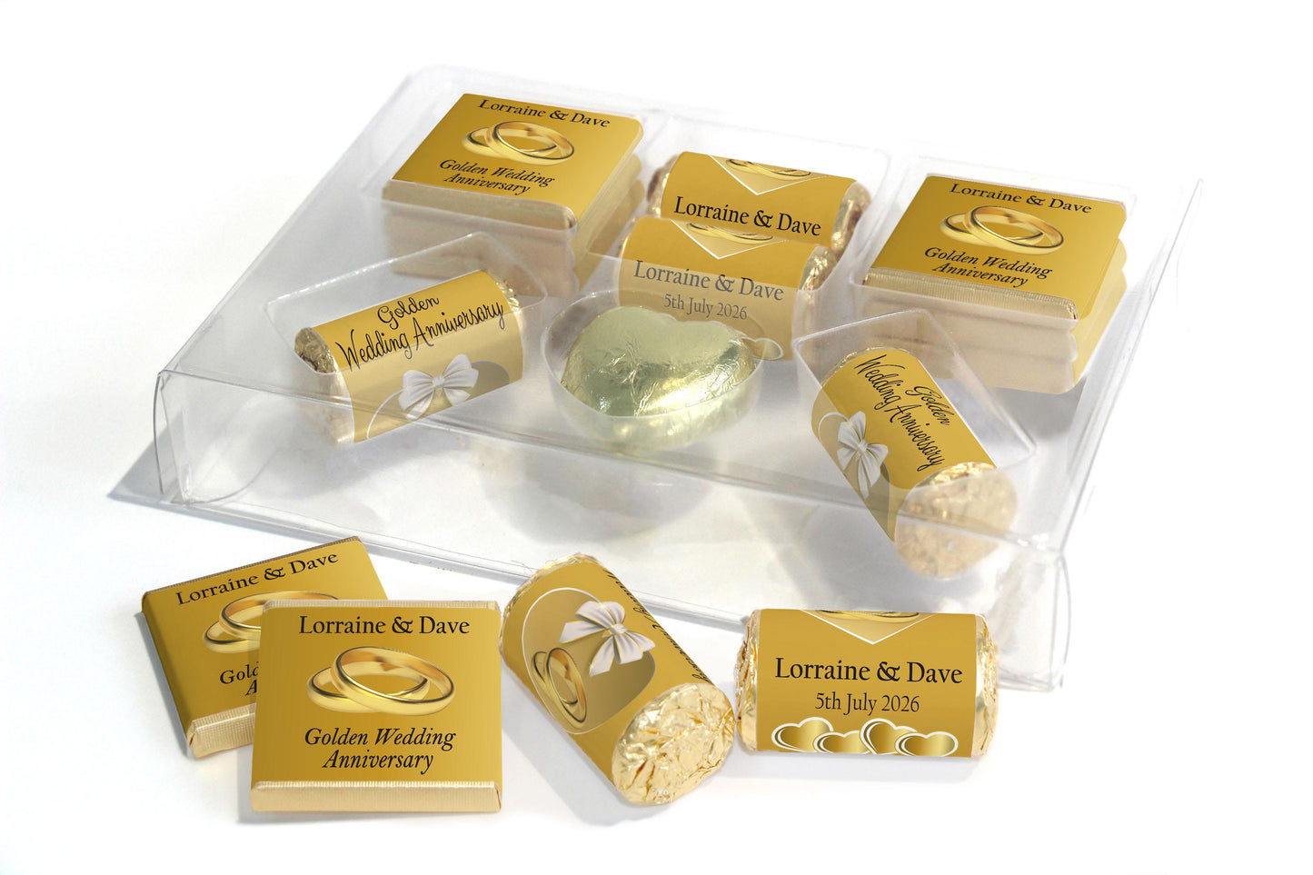 Golden Wedding Anniversary Large Combo Box - Personalised Favours - Neapolitan Chocolates/Heart/Love Heart Sweets - V1