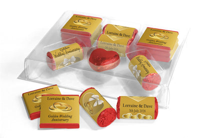 Golden Wedding Anniversary Large Combo Box - Personalised Favours - Neapolitan Chocolates/Heart/Love Heart Sweets - V1