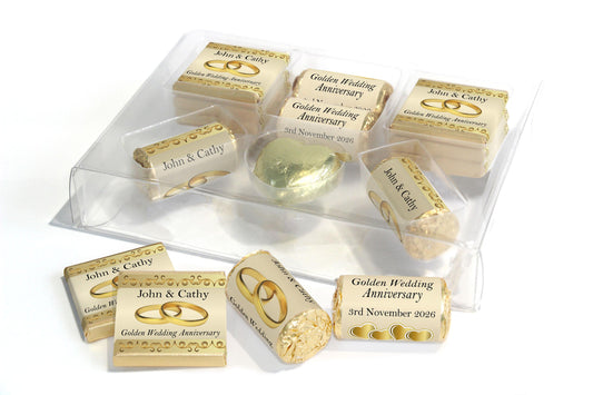 Golden Wedding Anniversary Large Combo Box - Personalised Favours - Neapolitan Chocolates/Heart/Love Heart Sweets - V2