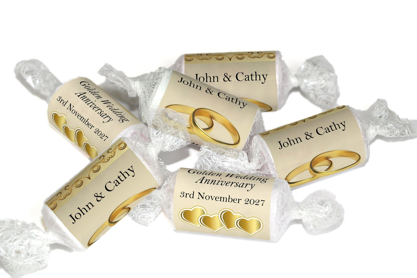 Golden Wedding Anniversary Sweets - Personalised Favours - Love Heart Sweets, Clear ends - V2 - Personalise4uLtd