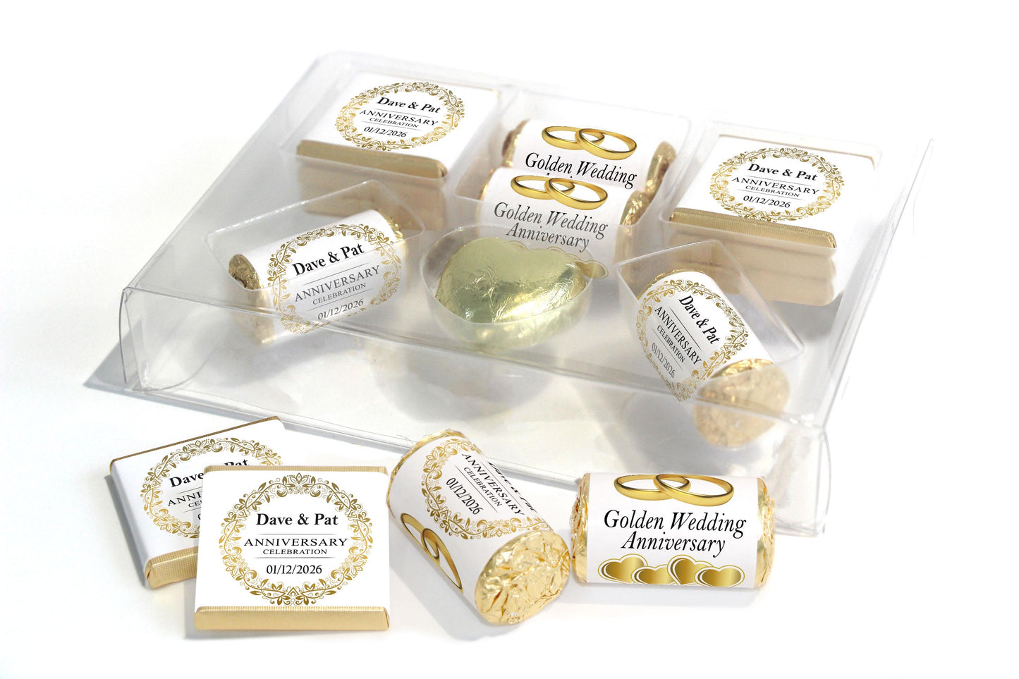 Golden Wedding Anniversary Large Combo Box - Personalised Favours - Neapolitan Chocolates/Heart/Love Heart Sweets - V3