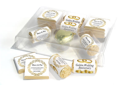 Golden Wedding Anniversary Large Combo Box - Personalised Favours - Neapolitan Chocolates/Heart/Love Heart Sweets - V3