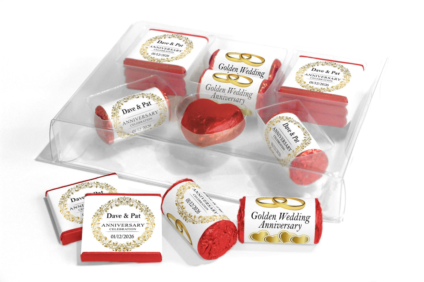 Golden Wedding Anniversary Large Combo Box - Personalised Favours - Neapolitan Chocolates/Heart/Love Heart Sweets - V3