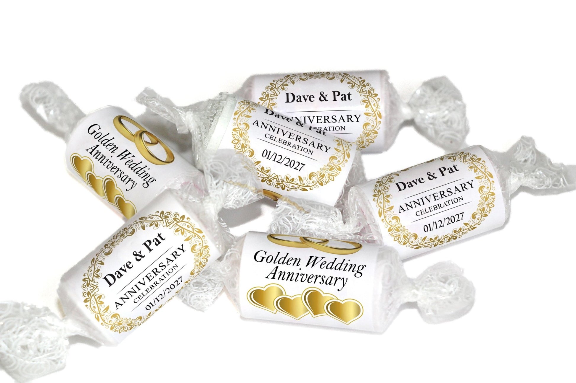 Golden Wedding Anniversary Sweets - Personalised Favours - Love Heart Sweets, Clear ends - V3 - Personalise4uLtd