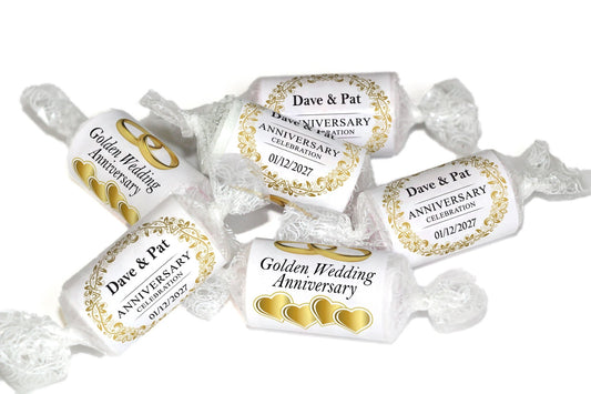 Golden Wedding Anniversary Sweets - Personalised Favours - Love Heart Sweets, Clear ends - V3 - Personalise4uLtd
