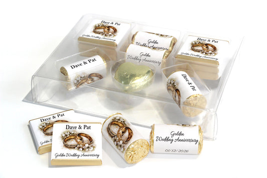 Golden Wedding Anniversary Large Combo Box - Personalised Favours - Neapolitan Chocolates/Heart/Love Heart Sweets - V4