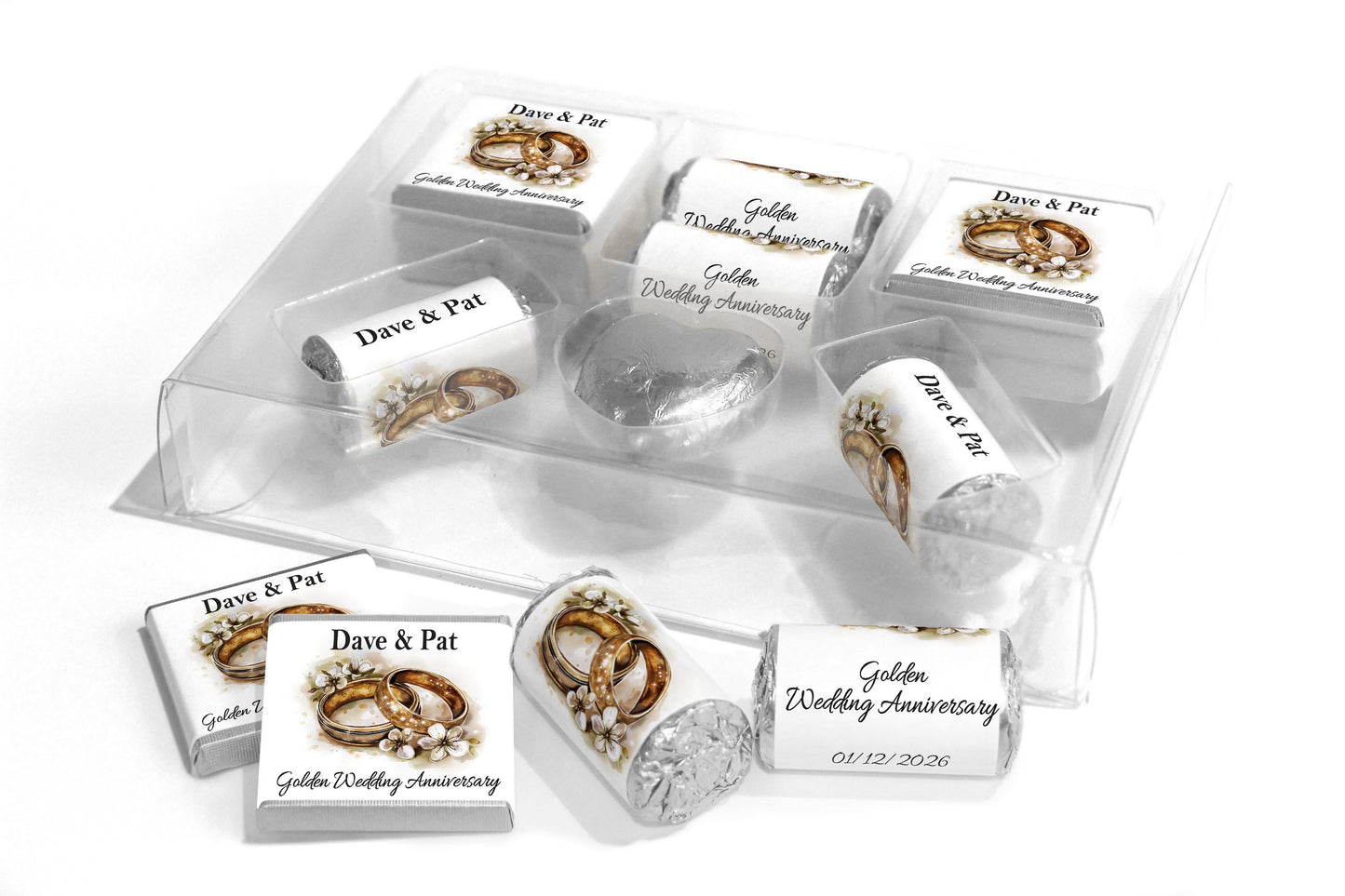 Golden Wedding Anniversary Large Combo Box - Personalised Favours - Neapolitan Chocolates/Heart/Love Heart Sweets - V4