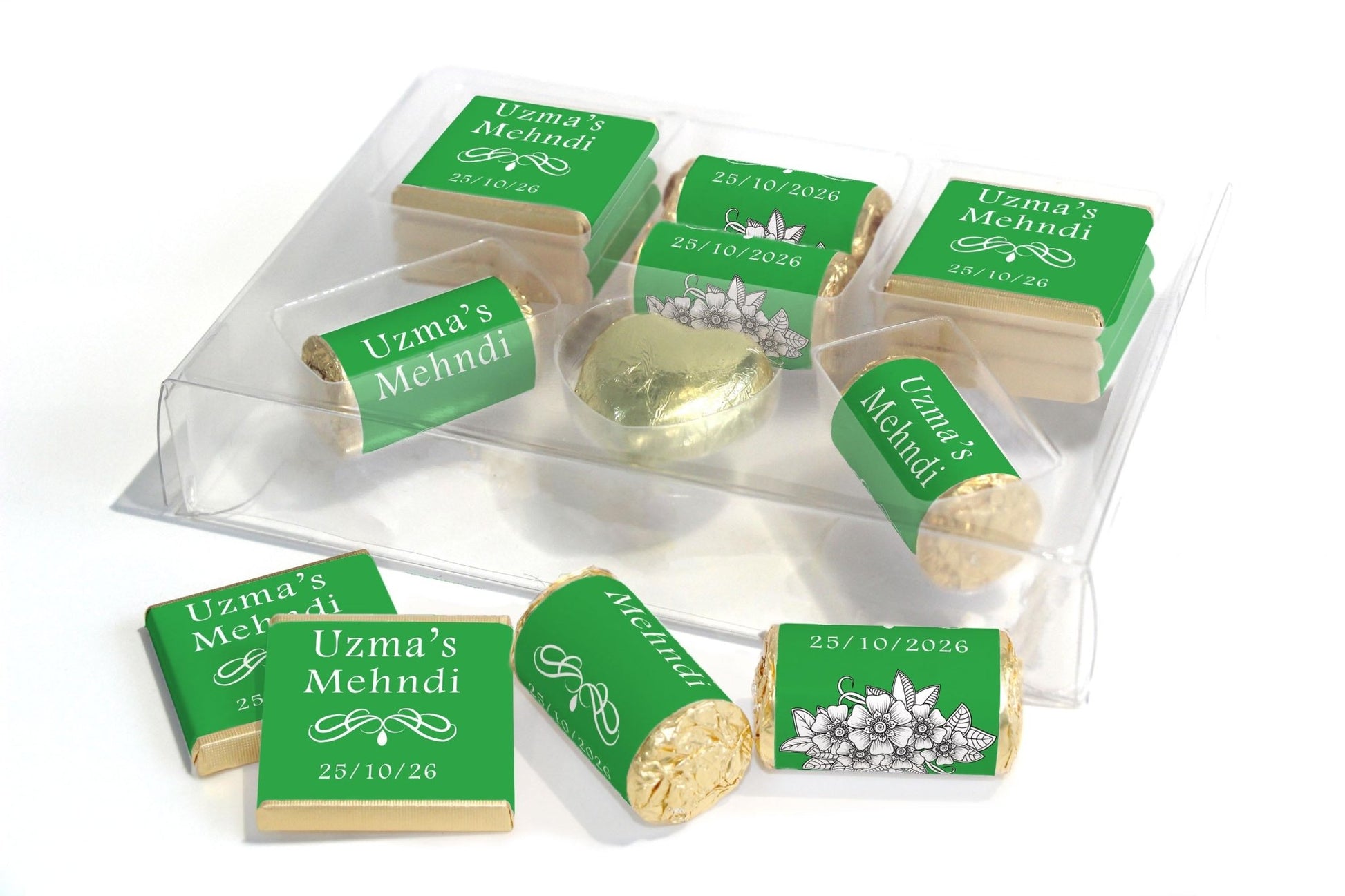 Mehndi Wedding Large Combo Box - Personalised Favours - Neapolitan Chocolates/Heart/Love Heart Sweets - V1 Green - Personalise4uLtd