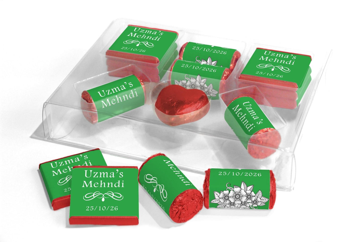Mehndi Wedding Large Combo Box - Personalised Favours - Neapolitan Chocolates/Heart/Love Heart Sweets - V1 Green - Personalise4uLtd