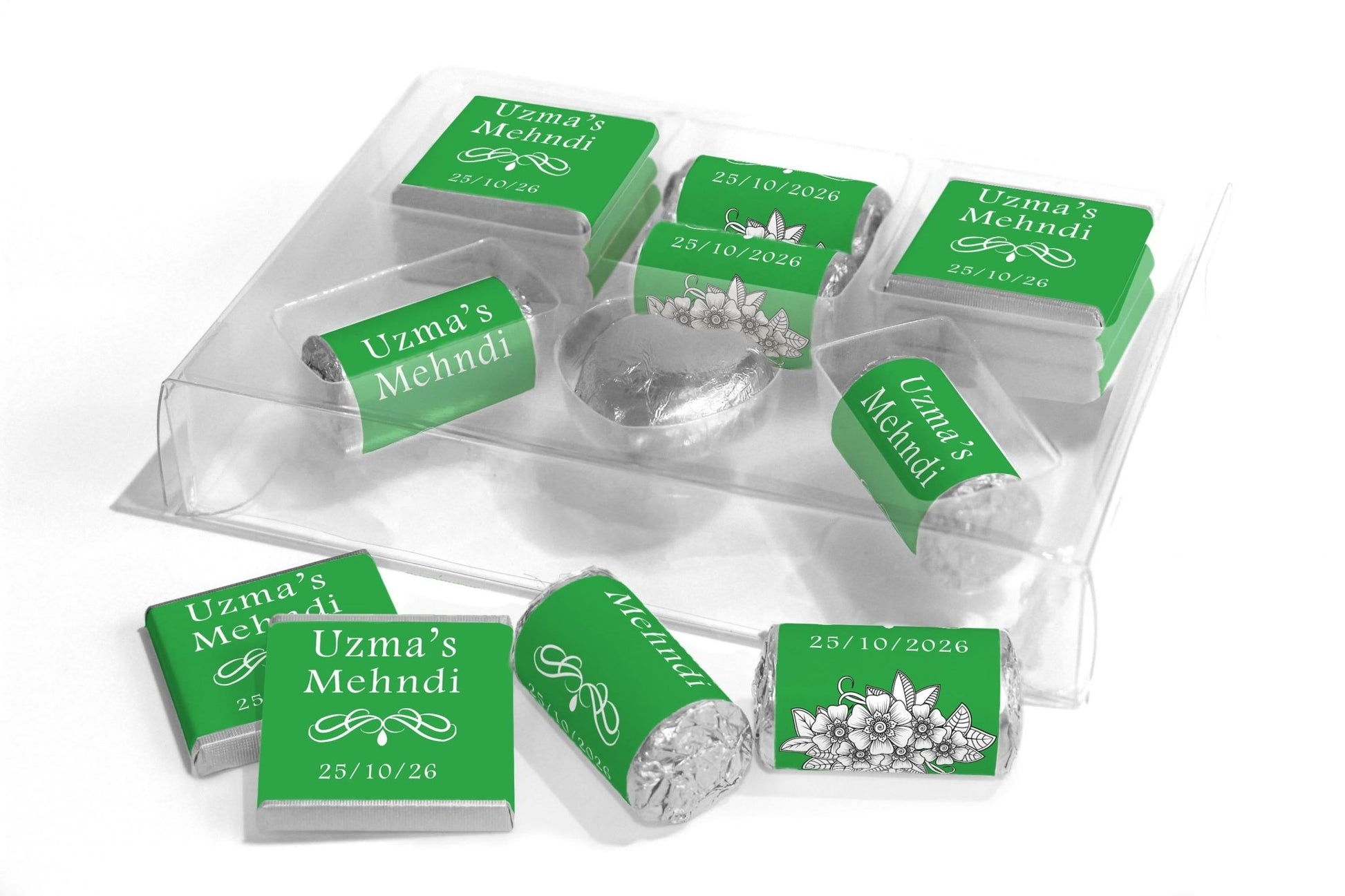 Mehndi Wedding Large Combo Box - Personalised Favours - Neapolitan Chocolates/Heart/Love Heart Sweets - V1 Green - Personalise4uLtd
