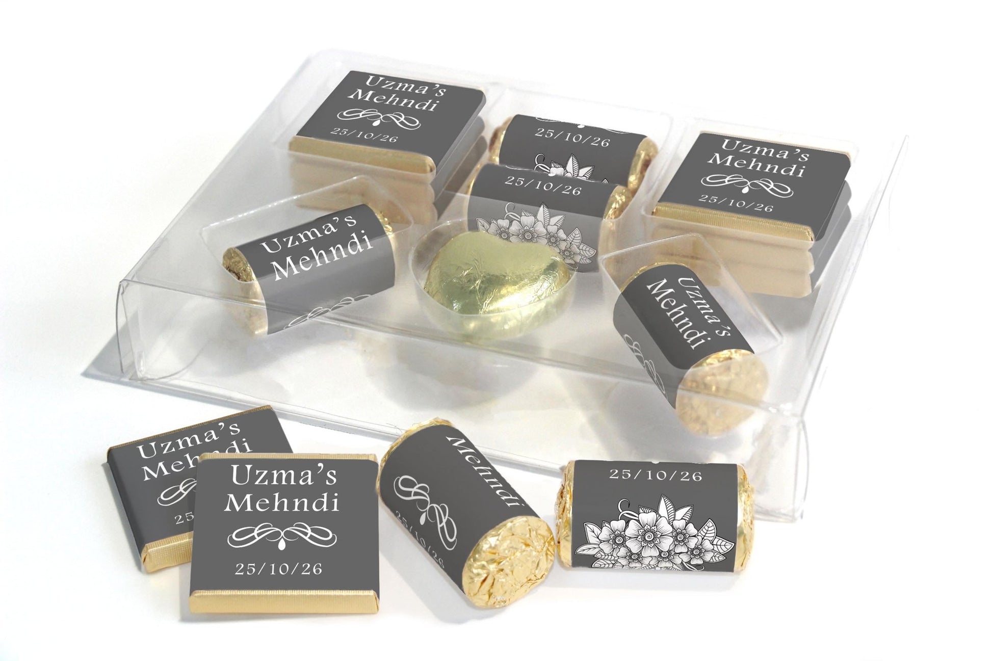Mehndi Wedding Large Combo Box - Personalised Favours - Neapolitan Chocolates/Heart/Love Heart Sweets - V1 Grey - Personalise4uLtd