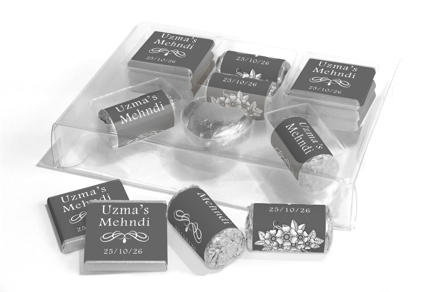 Mehndi Wedding Large Combo Box - Personalised Favours - Neapolitan Chocolates/Heart/Love Heart Sweets - V1 Grey - Personalise4uLtd