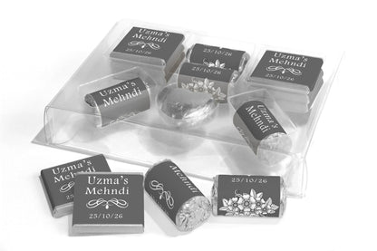 Mehndi Wedding Large Combo Box - Personalised Favours - Neapolitan Chocolates/Heart/Love Heart Sweets - V1 Grey - Personalise4uLtd