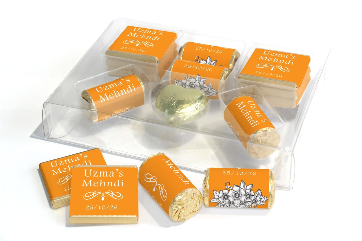 Mehndi Wedding Large Combo Box - Personalised Favours - Neapolitan Chocolates/Heart/Love Heart Sweets - V1 Orange - Personalise4uLtd
