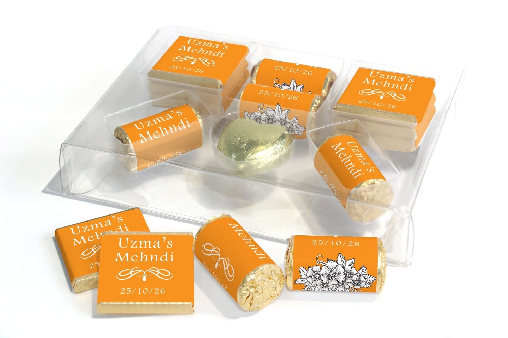 Mehndi Wedding Large Combo Box - Personalised Favours - Neapolitan Chocolates/Heart/Love Heart Sweets - V1 Orange - Personalise4uLtd