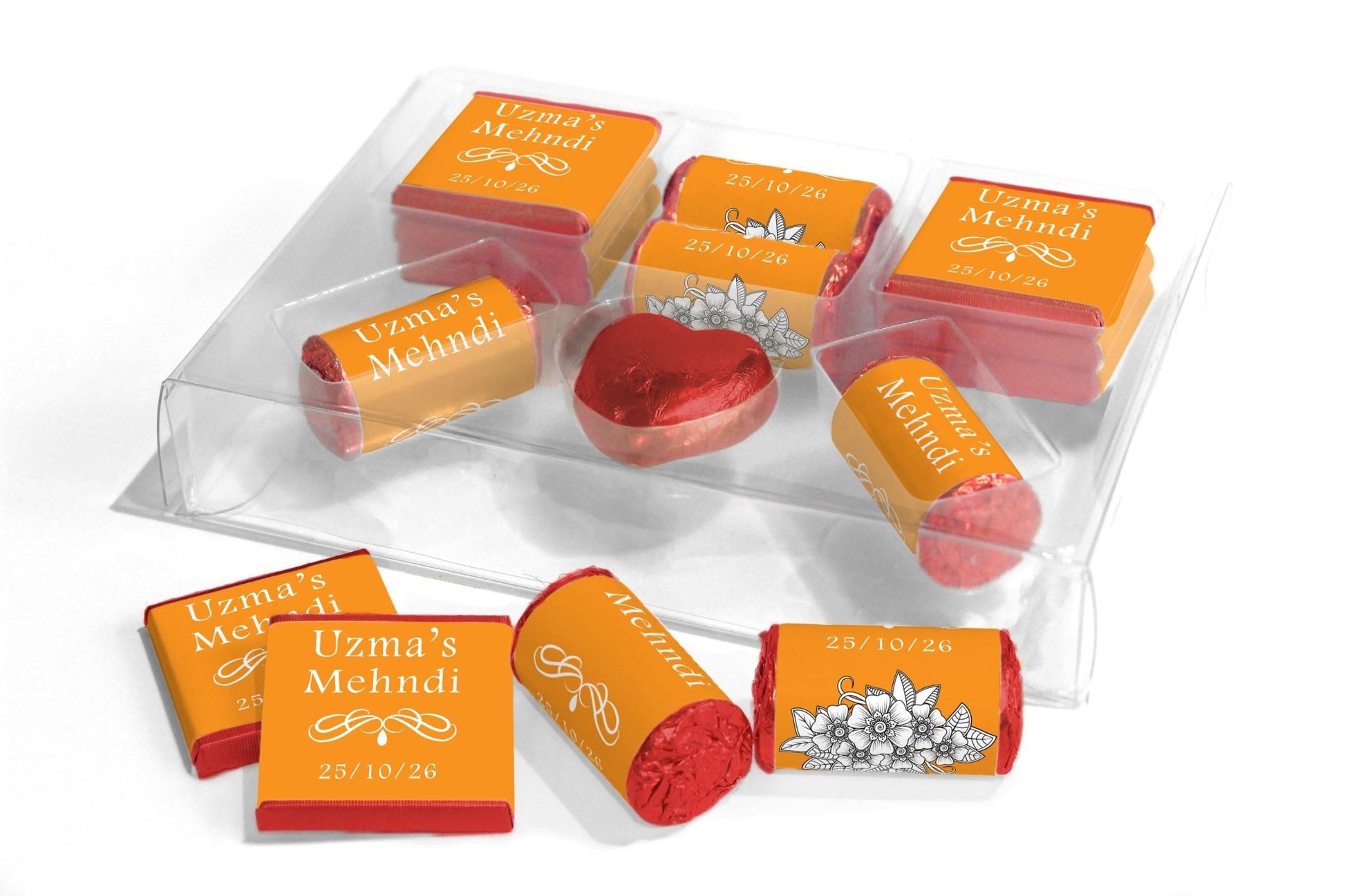 Mehndi Wedding Large Combo Box - Personalised Favours - Neapolitan Chocolates/Heart/Love Heart Sweets - V1 Orange - Personalise4uLtd