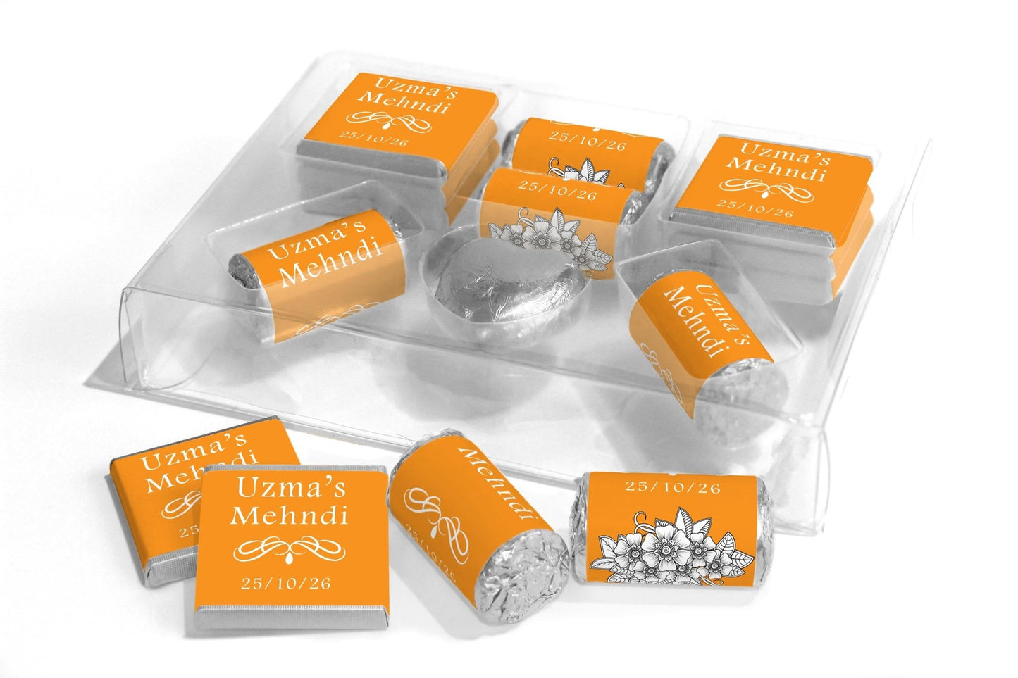 Mehndi Wedding Large Combo Box - Personalised Favours - Neapolitan Chocolates/Heart/Love Heart Sweets - V1 Orange - Personalise4uLtd