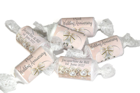 Pearl Wedding Anniversary Sweets - Personalised Favours - Love Heart Sweets, Clear ends - V1 - Personalise4uLtd