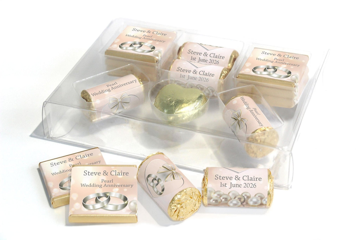 Pearl Wedding Anniversary Large Combo Box - Personalised Favours - Neapolitan Chocolates/Heart/Love Heart Sweets - V1 - Personalise4uLtd