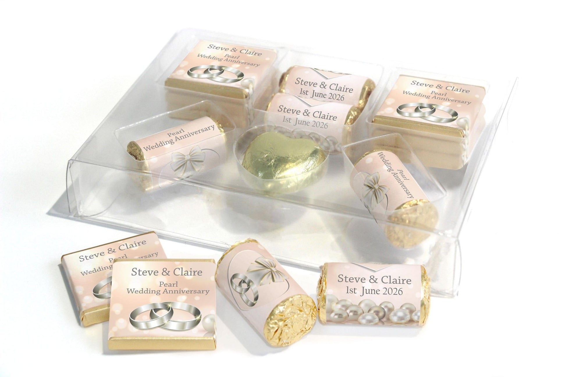 Pearl Wedding Anniversary Large Combo Box - Personalised Favours - Neapolitan Chocolates/Heart/Love Heart Sweets - V1 - Personalise4uLtd