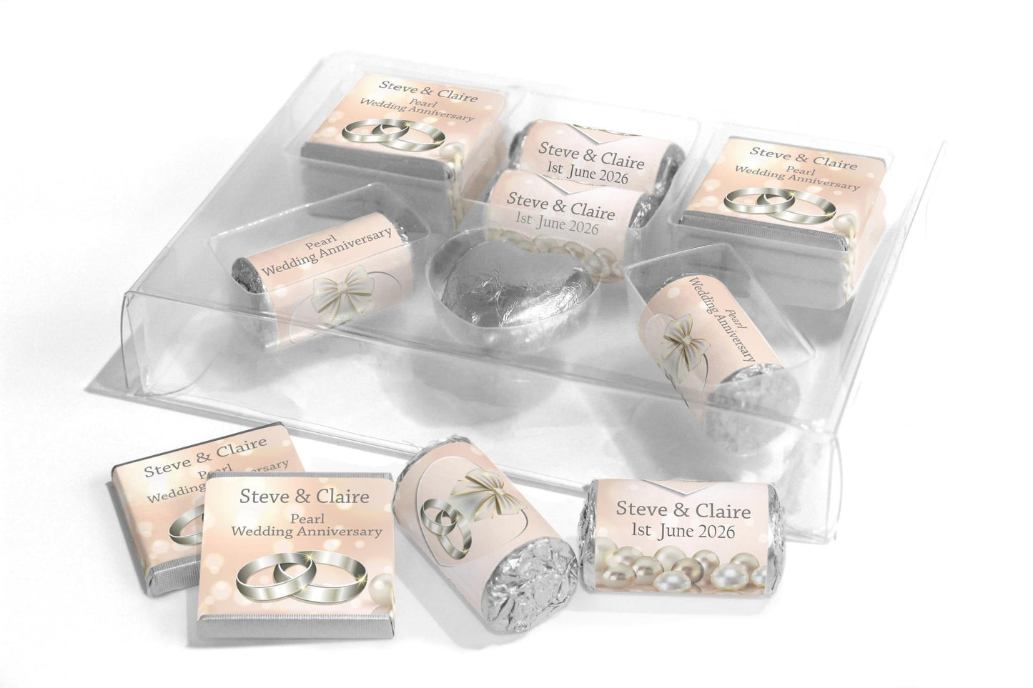Pearl Wedding Anniversary Large Combo Box - Personalised Favours - Neapolitan Chocolates/Heart/Love Heart Sweets - V1 - Personalise4uLtd