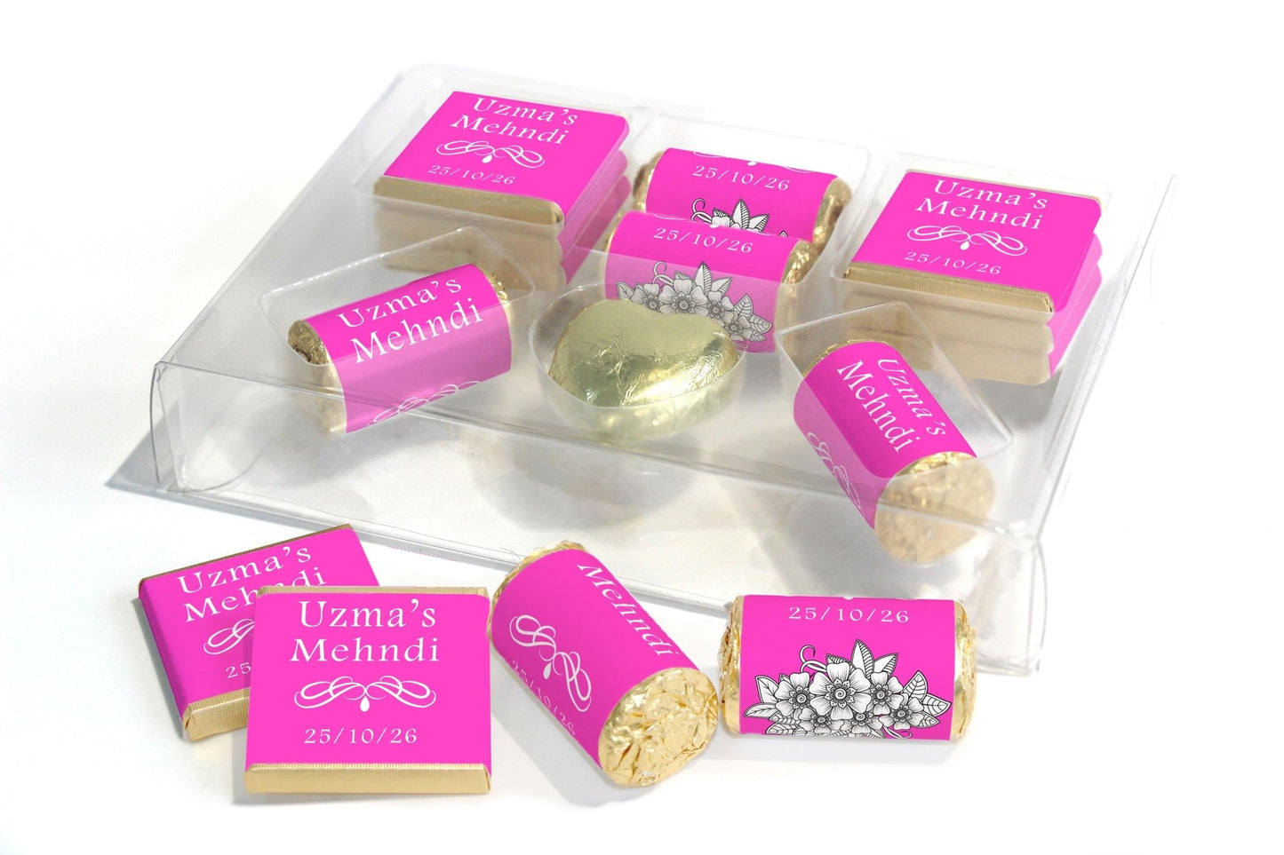 Mehndi Wedding Large Combo Box - Personalised Favours - Neapolitan Chocolates/Heart/Love Heart Sweets - V1 Pink - Personalise4uLtd
