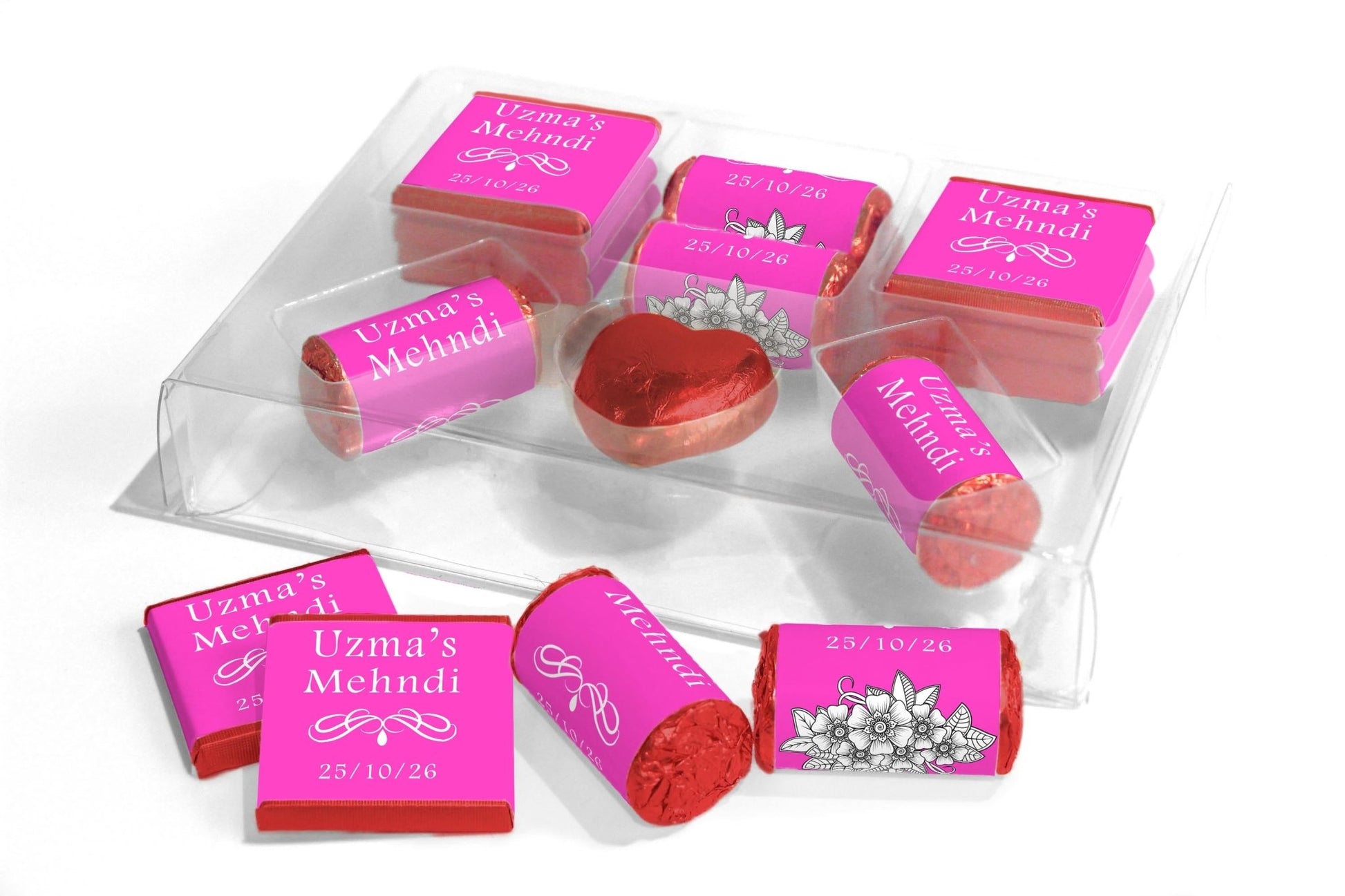 Mehndi Wedding Large Combo Box - Personalised Favours - Neapolitan Chocolates/Heart/Love Heart Sweets - V1 Pink - Personalise4uLtd