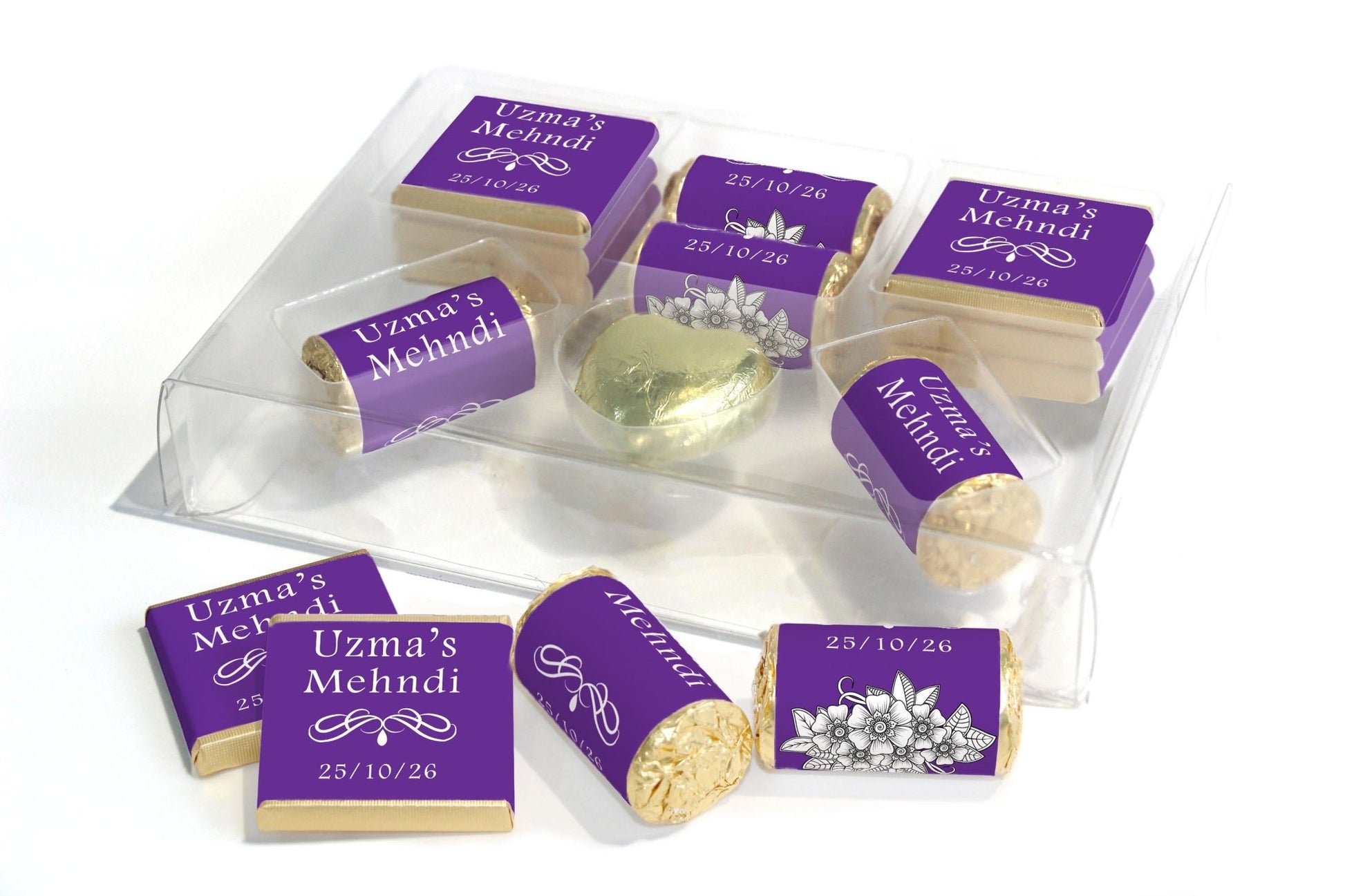 Mehndi Wedding Large Combo Box - Personalised Favours - Neapolitan Chocolates/Heart/Love Heart Sweets - V1 Purple - Personalise4uLtd