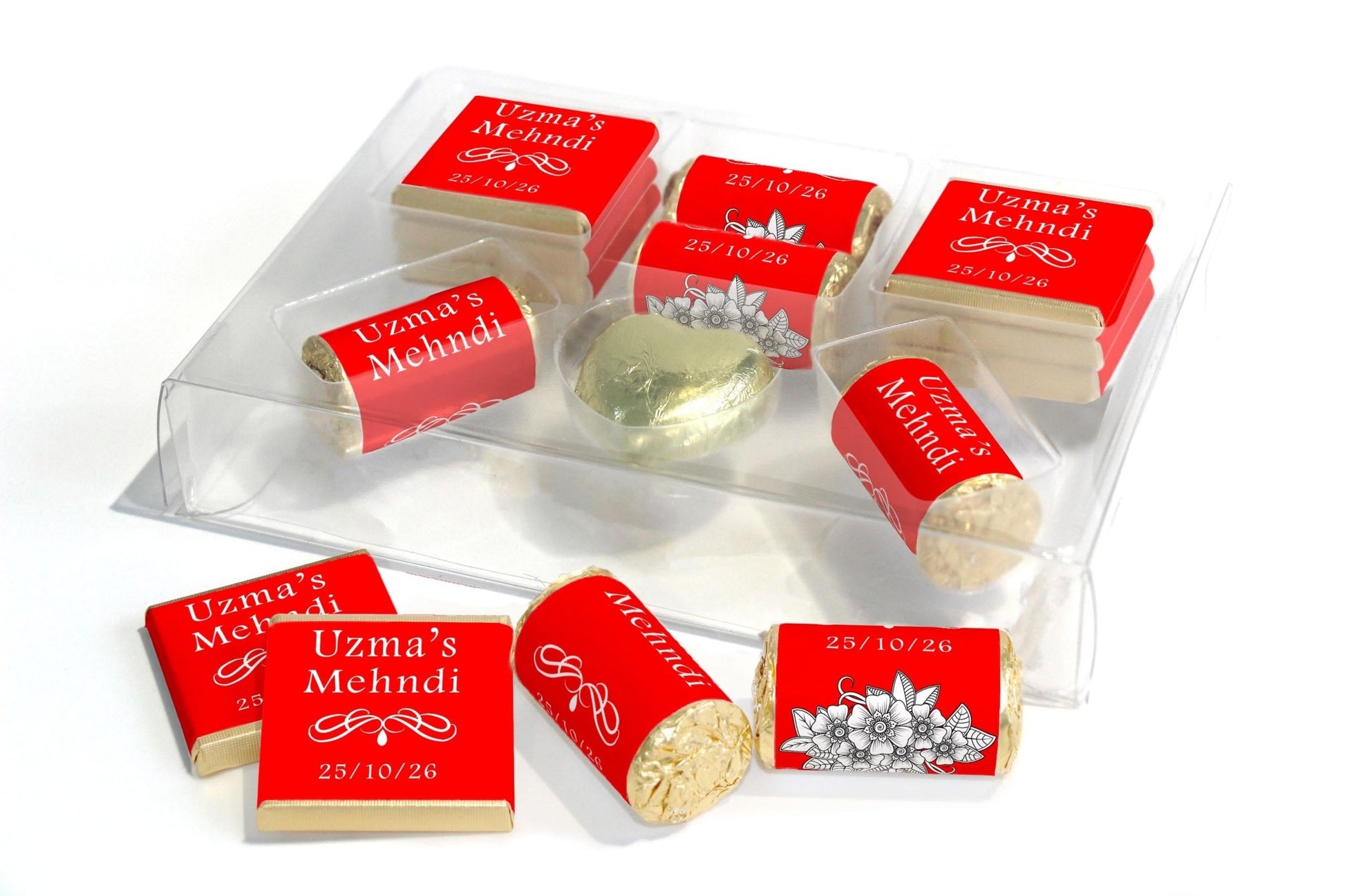 Mehndi Wedding Large Combo Box - Personalised Favours - Neapolitan Chocolates/Heart/Love Heart Sweets - V1 Red - Personalise4uLtd
