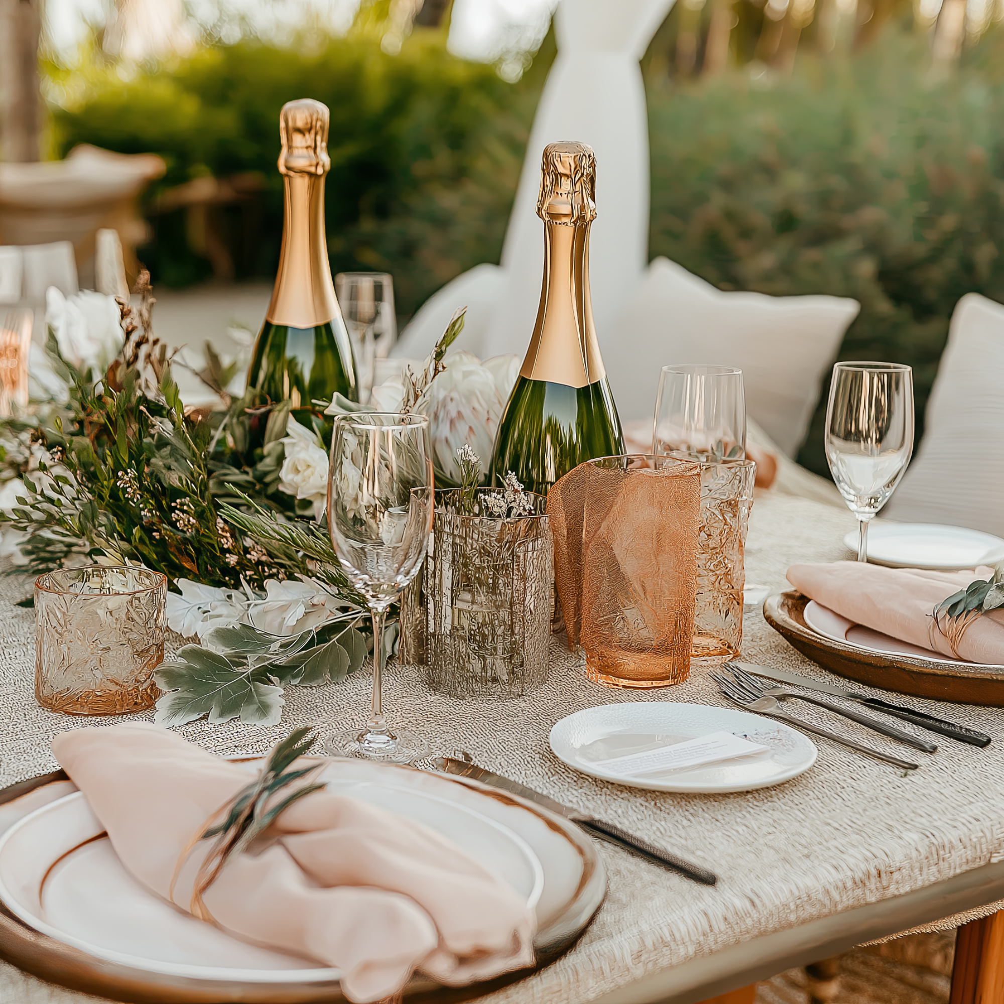 Chic garden wedding table adorned with champagne, blush linens, gold-toned glassware, and lush greenery centerpieces.