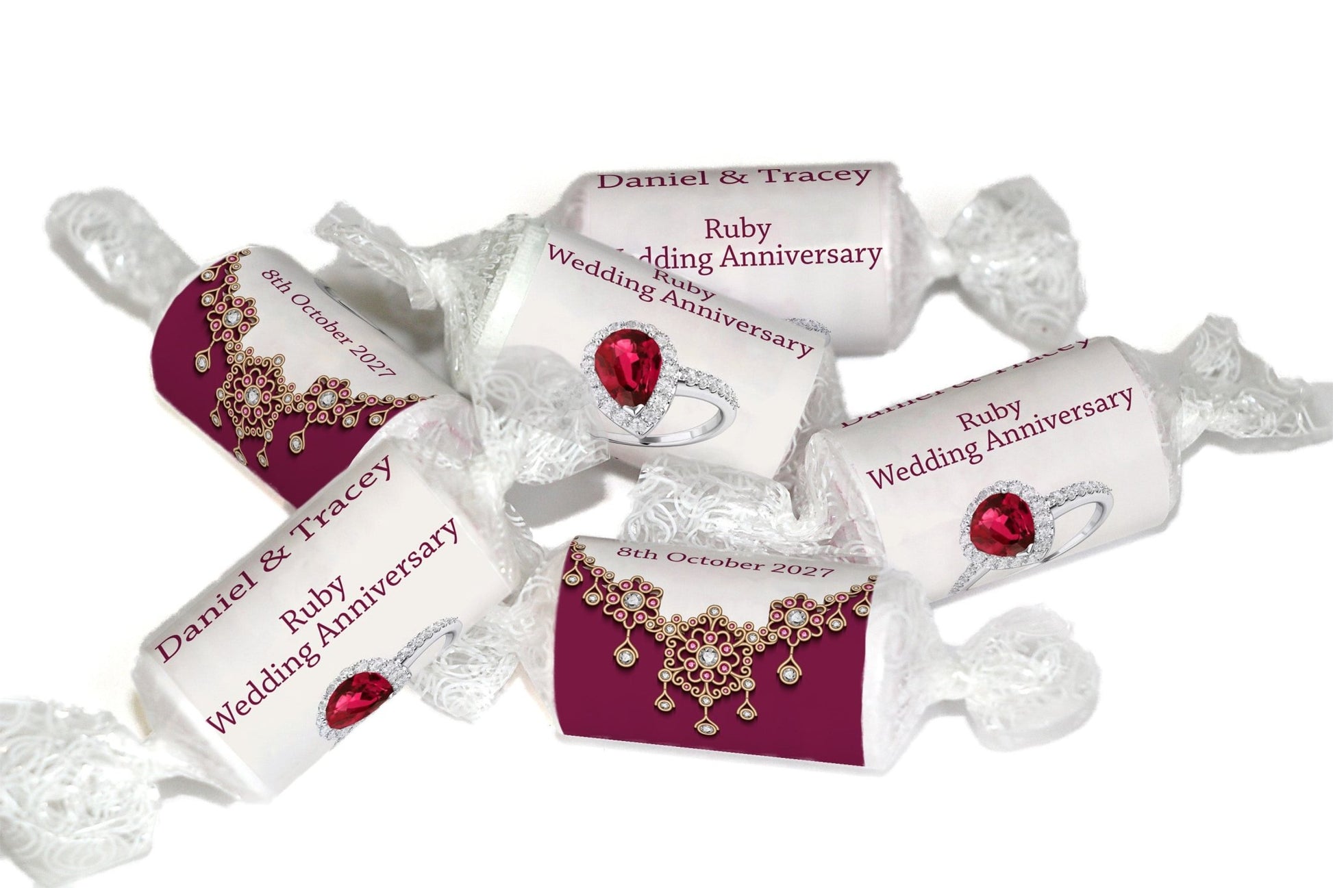 Ruby Wedding Anniversary Sweets - Personalised Favours - Love Heart Sweets, Clear ends - V1 - Personalise4uLtd