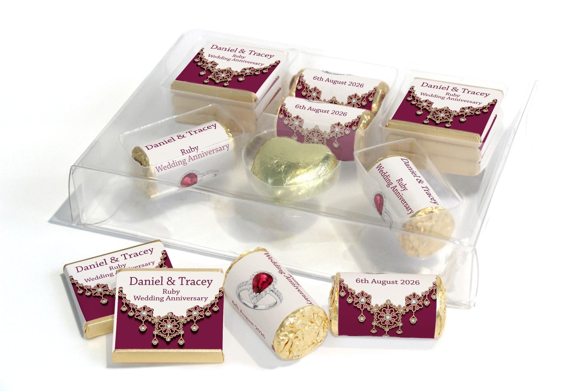 Ruby Wedding Anniversary Large Combo Box - Personalised Favours - Neapolitan Chocolates/Heart/Love Heart Sweets - V1 - Personalise4uLtd