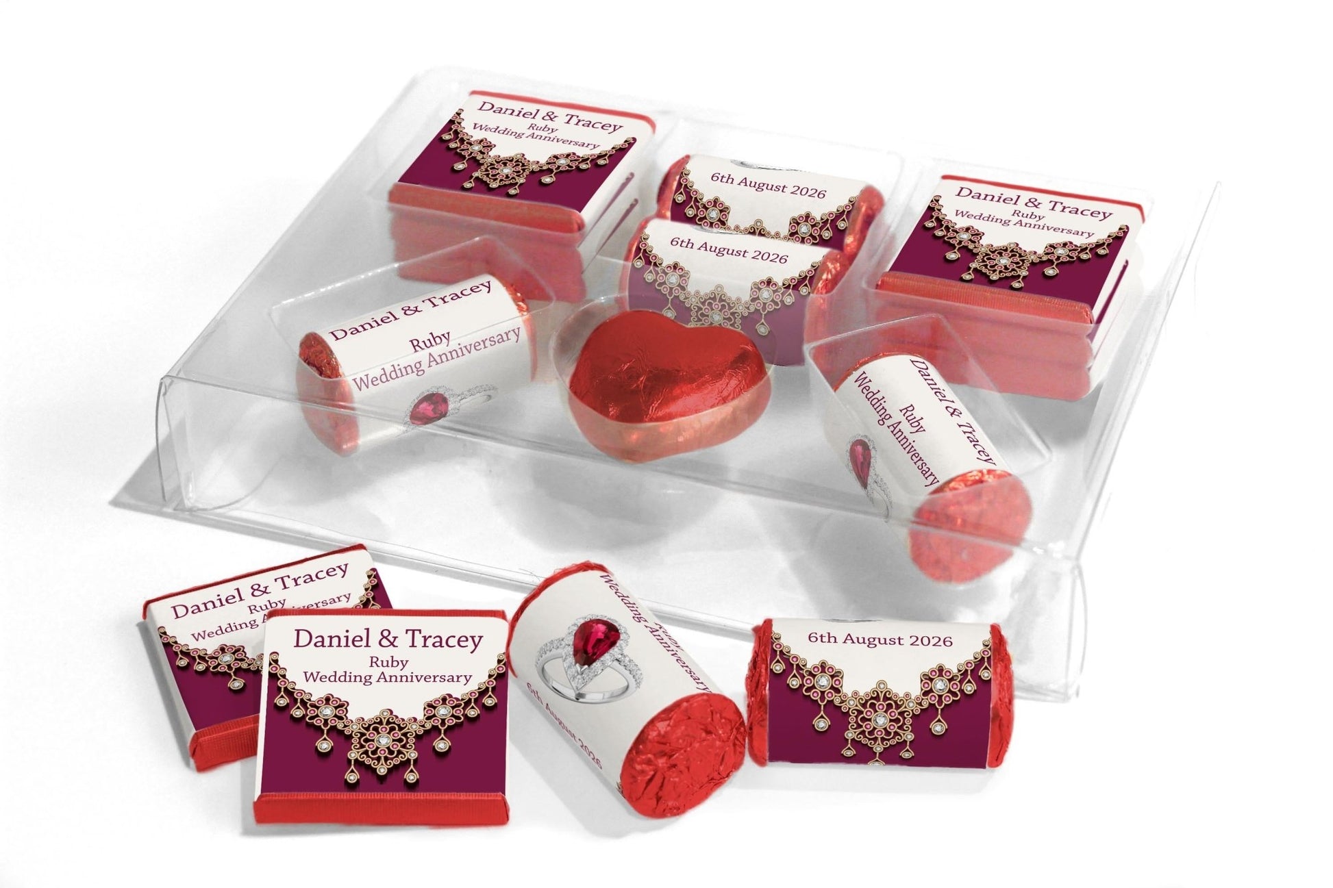 Ruby Wedding Anniversary Large Combo Box - Personalised Favours - Neapolitan Chocolates/Heart/Love Heart Sweets - V1 - Personalise4uLtd