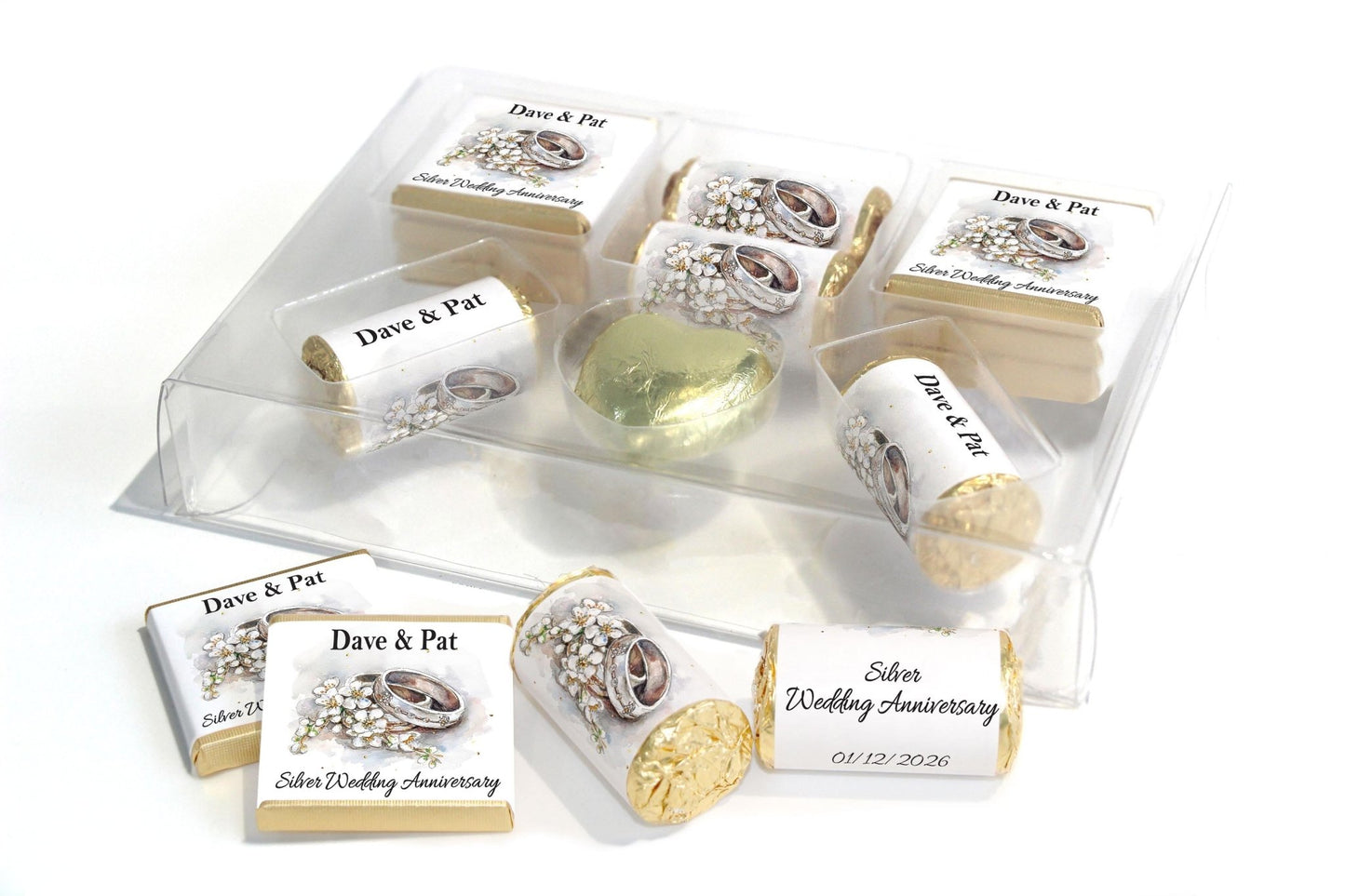 Silver Wedding Anniversary Large Combo Box - Personalised Favours - Neapolitan Chocolates/Heart/Love Heart Sweets - V4 - Personalise4uLtd