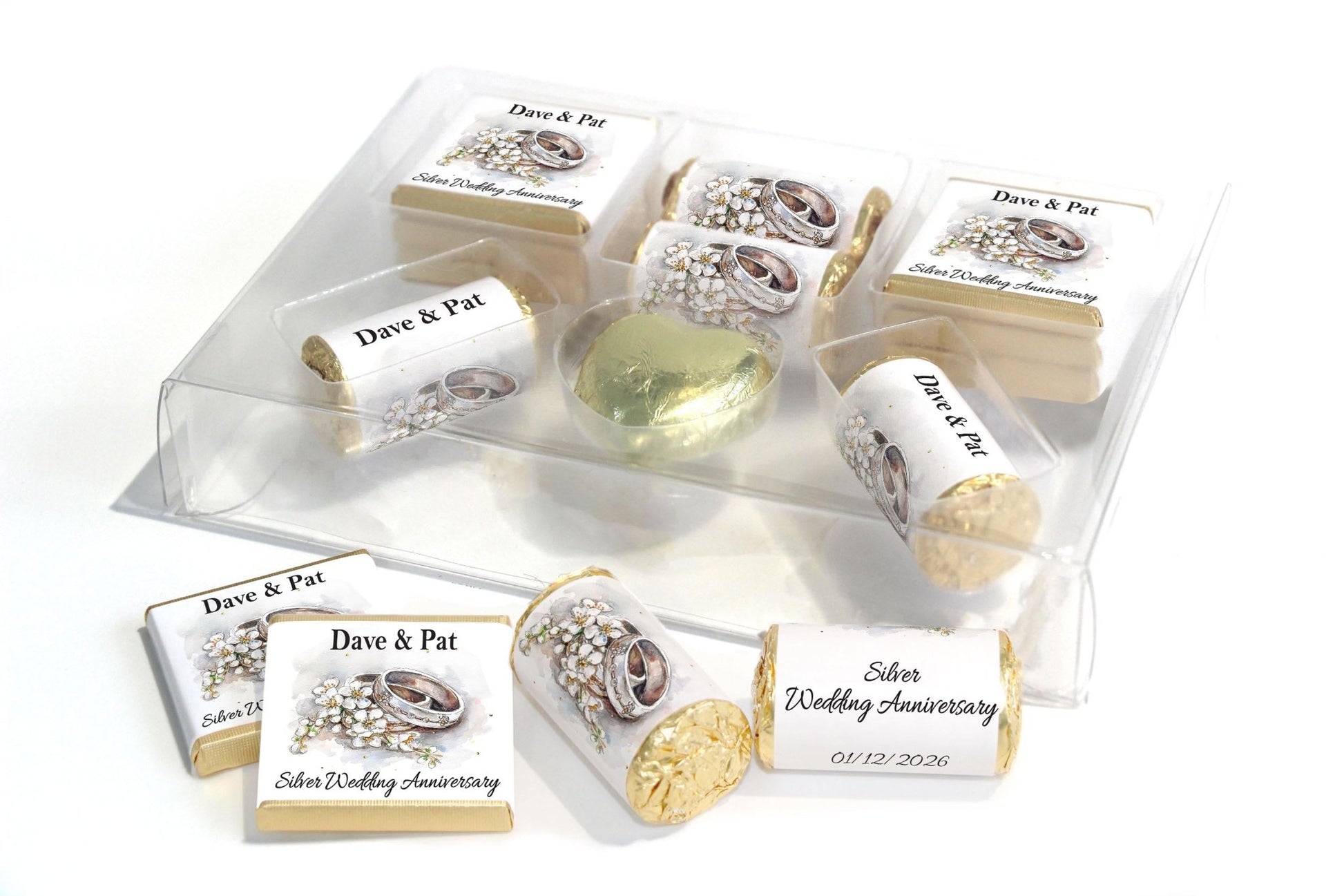 Silver Wedding Anniversary Large Combo Box - Personalised Favours - Neapolitan Chocolates/Heart/Love Heart Sweets - V4 - Personalise4uLtd