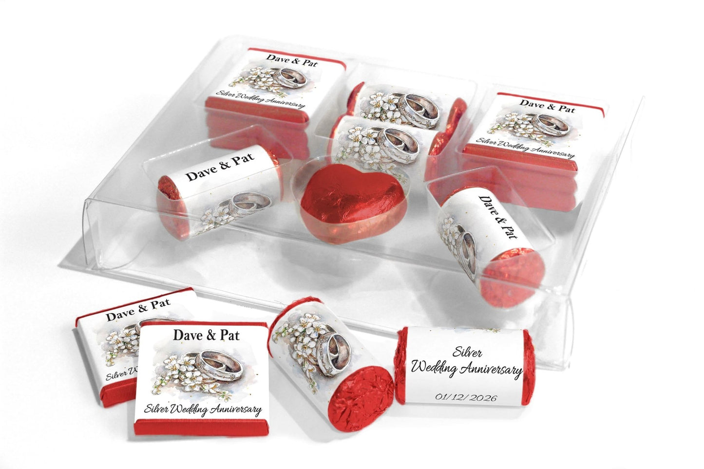 Silver Wedding Anniversary Large Combo Box - Personalised Favours - Neapolitan Chocolates/Heart/Love Heart Sweets - V4 - Personalise4uLtd