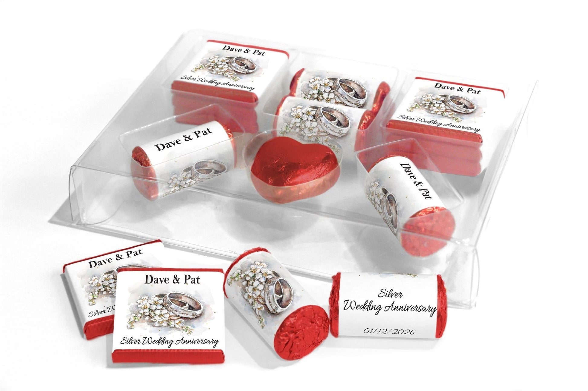 Silver Wedding Anniversary Large Combo Box - Personalised Favours - Neapolitan Chocolates/Heart/Love Heart Sweets - V4 - Personalise4uLtd