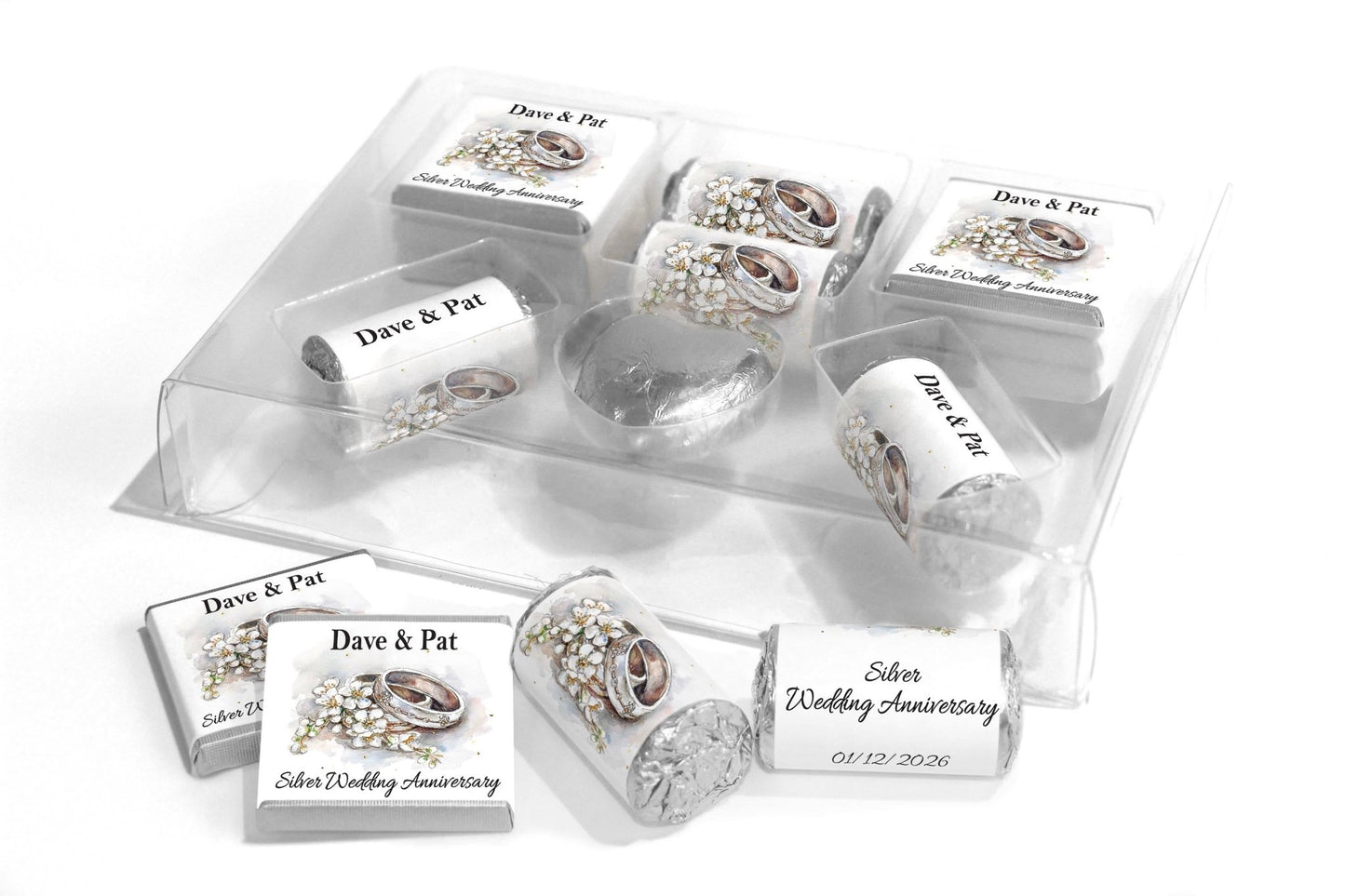 Silver Wedding Anniversary Large Combo Box - Personalised Favours - Neapolitan Chocolates/Heart/Love Heart Sweets - V4 - Personalise4uLtd