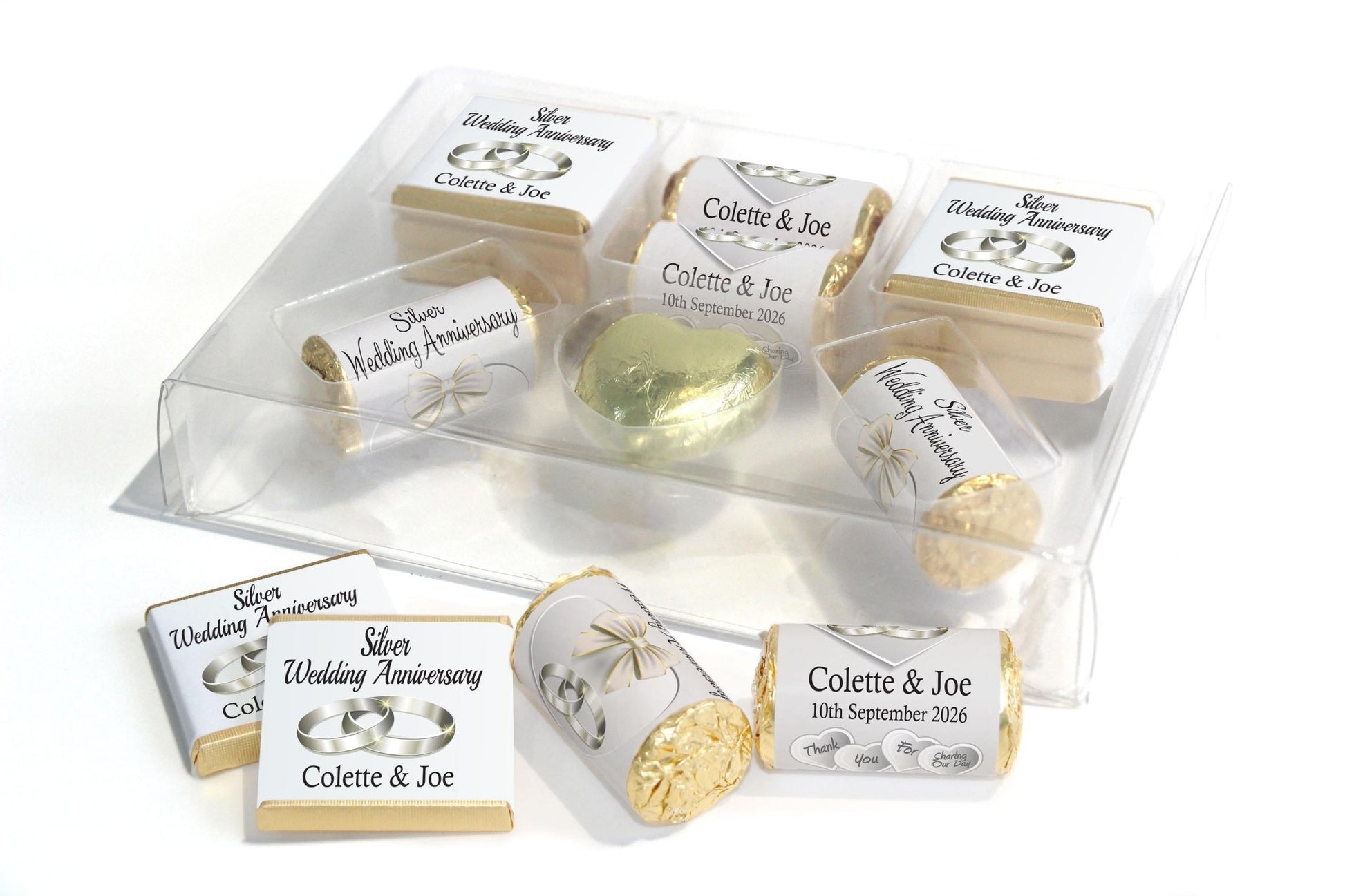 Silver Wedding Anniversary Large Combo Box - Personalised Favours - Neapolitan Chocolates/Heart/Love Heart Sweets - V1 - Personalise4uLtd