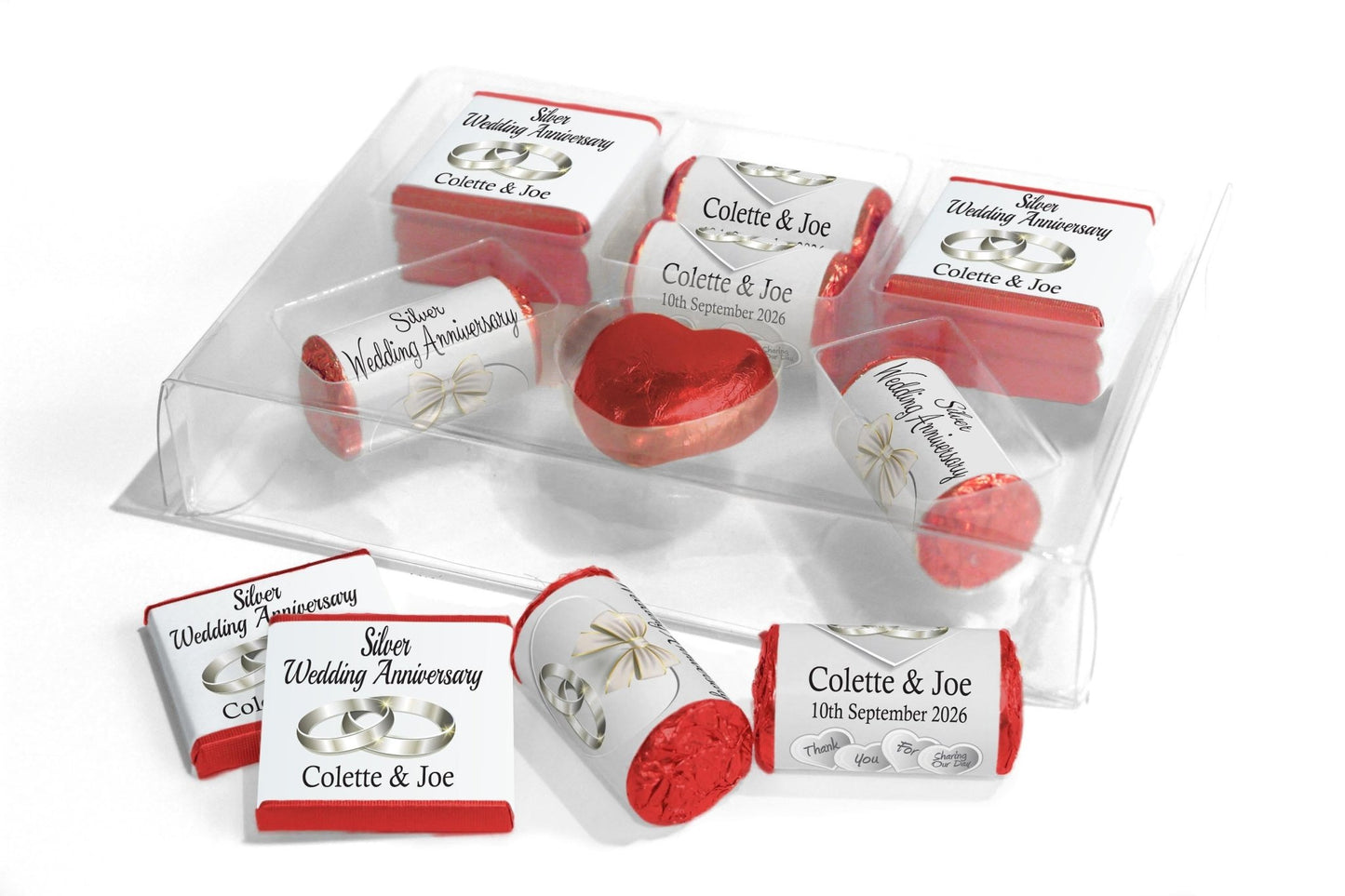 Silver Wedding Anniversary Large Combo Box - Personalised Favours - Neapolitan Chocolates/Heart/Love Heart Sweets - V1 - Personalise4uLtd