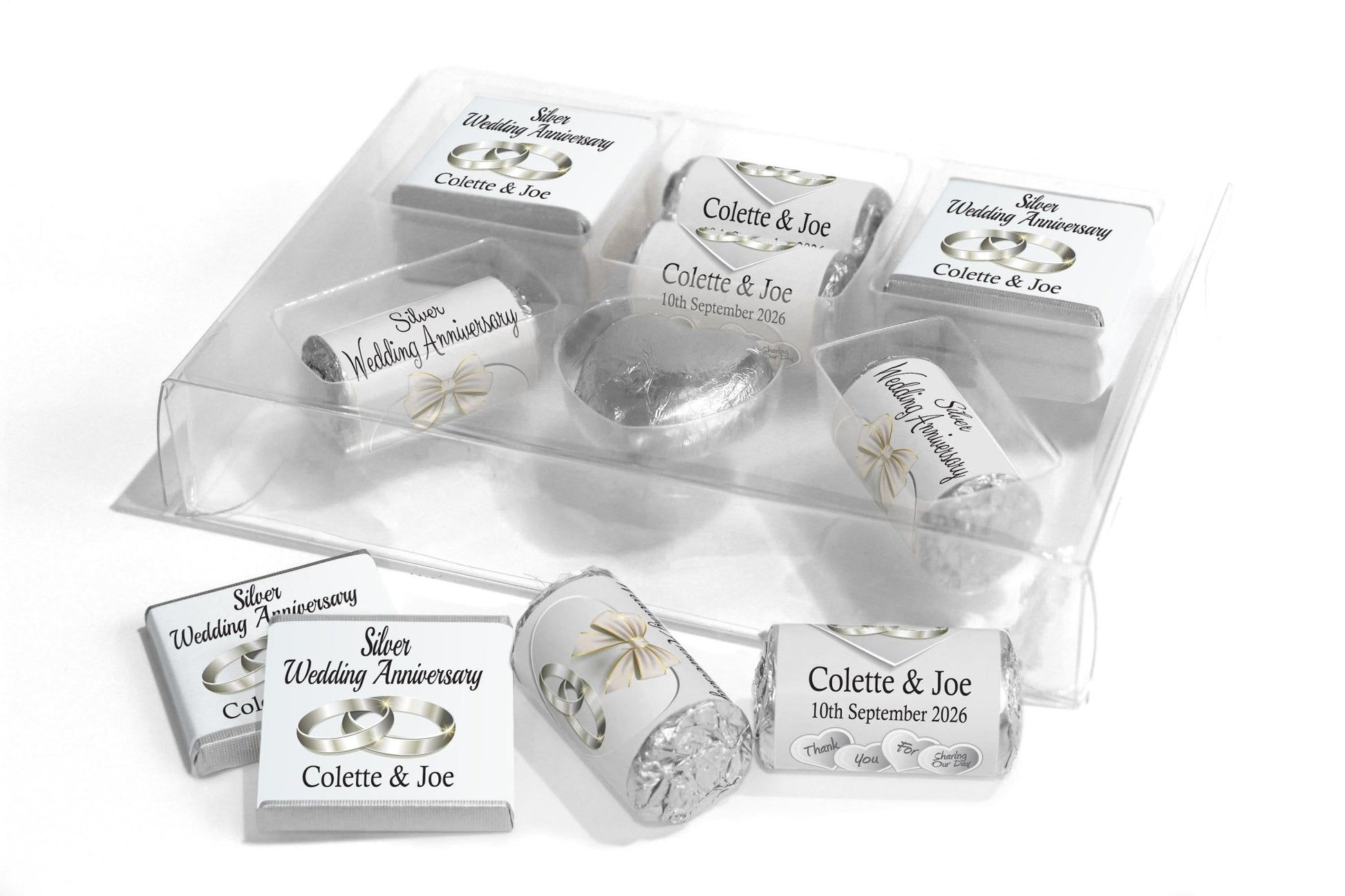 Silver Wedding Anniversary Large Combo Box - Personalised Favours - Neapolitan Chocolates/Heart/Love Heart Sweets - V1 - Personalise4uLtd