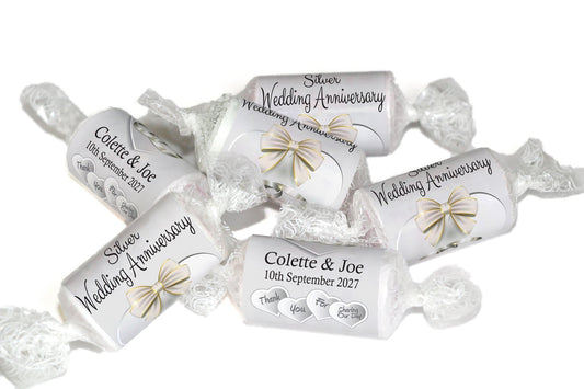 Silver Wedding Anniversary Sweets - Personalised Favours - Love Heart Sweets, Clear ends - V1 - Personalise4uLtd
