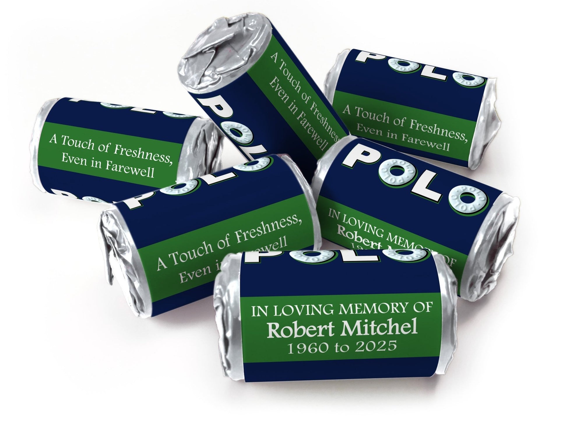 Polo Mints - Funeral Favours - Mini Rolls , Foil Choices - V1 - Personalise4uLtd