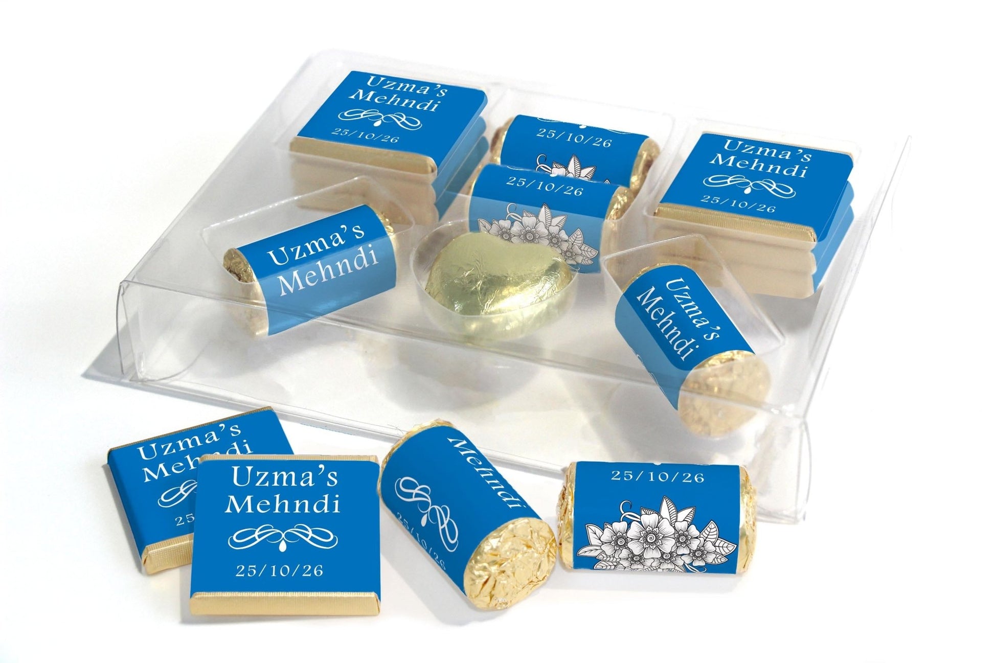 Mehndi Wedding Large Combo Box - Personalised Favours - Neapolitan Chocolates/Heart/Love Heart Sweets - V1 Blue - Personalise4uLtd