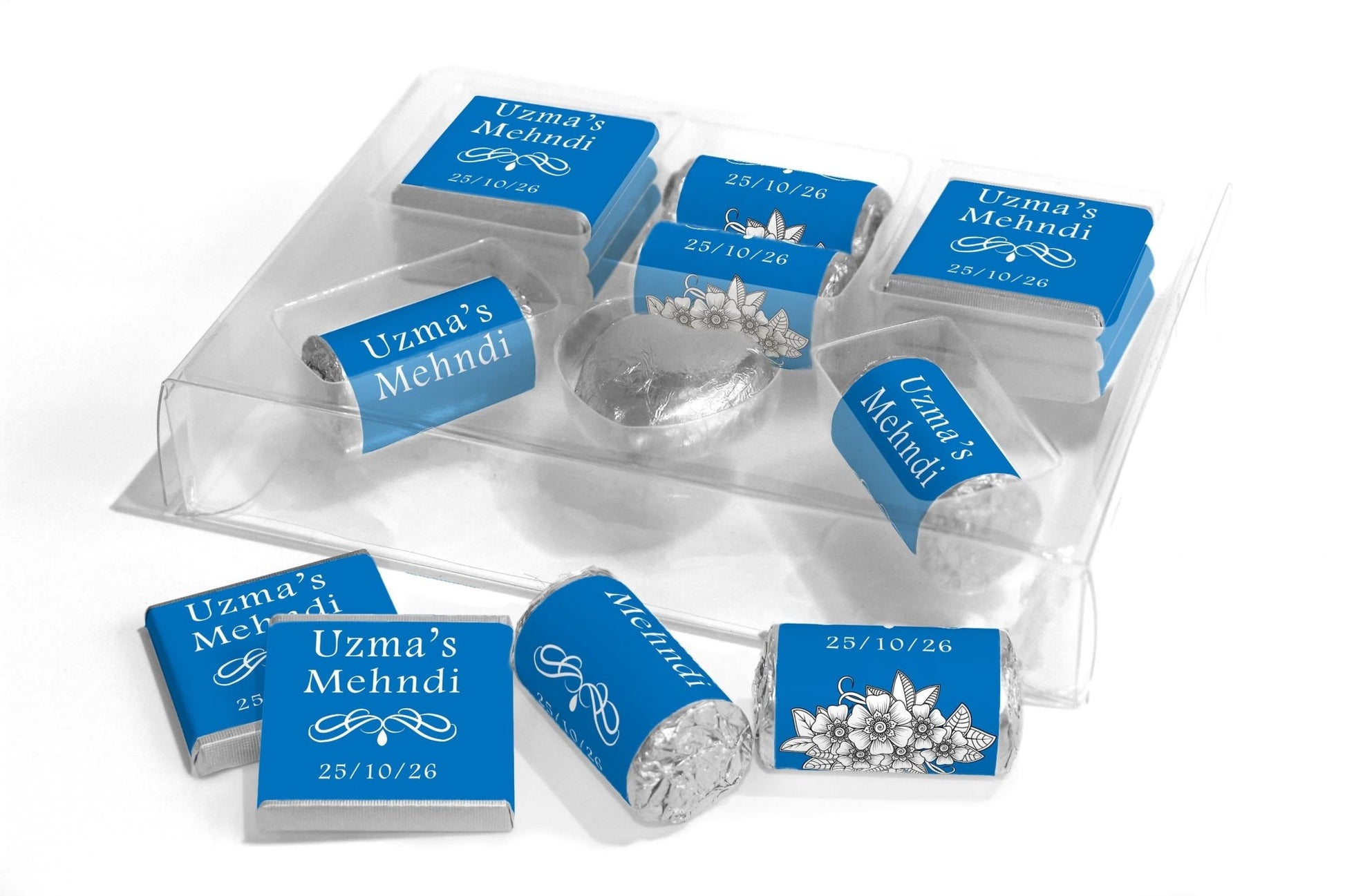 Mehndi Wedding Large Combo Box - Personalised Favours - Neapolitan Chocolates/Heart/Love Heart Sweets - V1 Blue - Personalise4uLtd