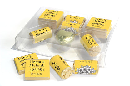 Mehndi Wedding Large Combo Box - Personalised Favours - Neapolitan Chocolates/Heart/Love Heart Sweets - V1 Yellow - Personalise4uLtd